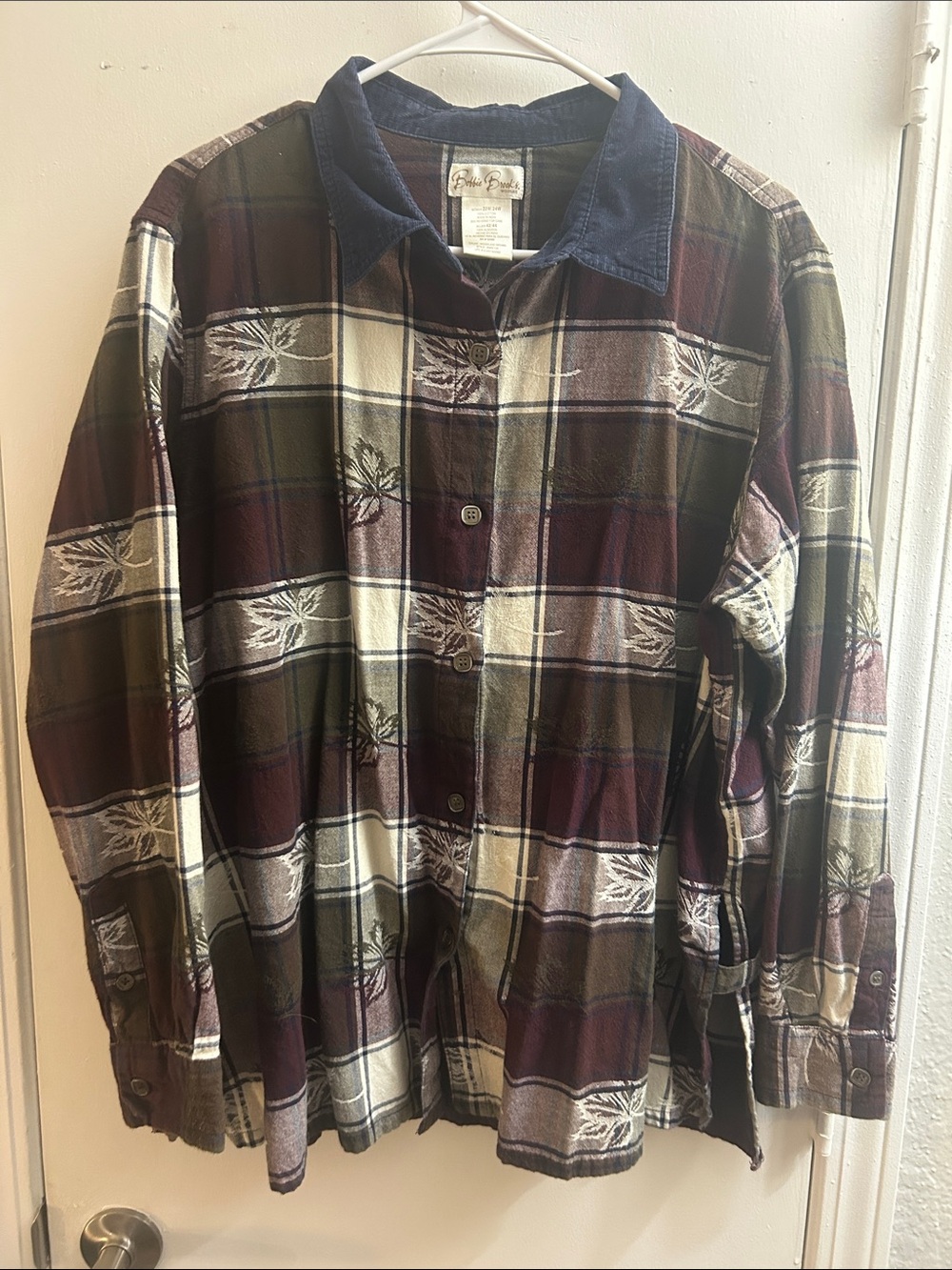 Vintage Purple, Green, & Navy Flannel with Embroidered Leaf Pattern